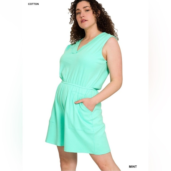 New! Plus Size Mint Sleeveless Pocket Romper Size 1X 2X 3X - Picture 1 of 5